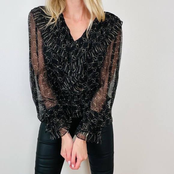 Robert Rodriguez long sleeve ruffled 100% silk sheer printed blouse top - Picture 4 of 8